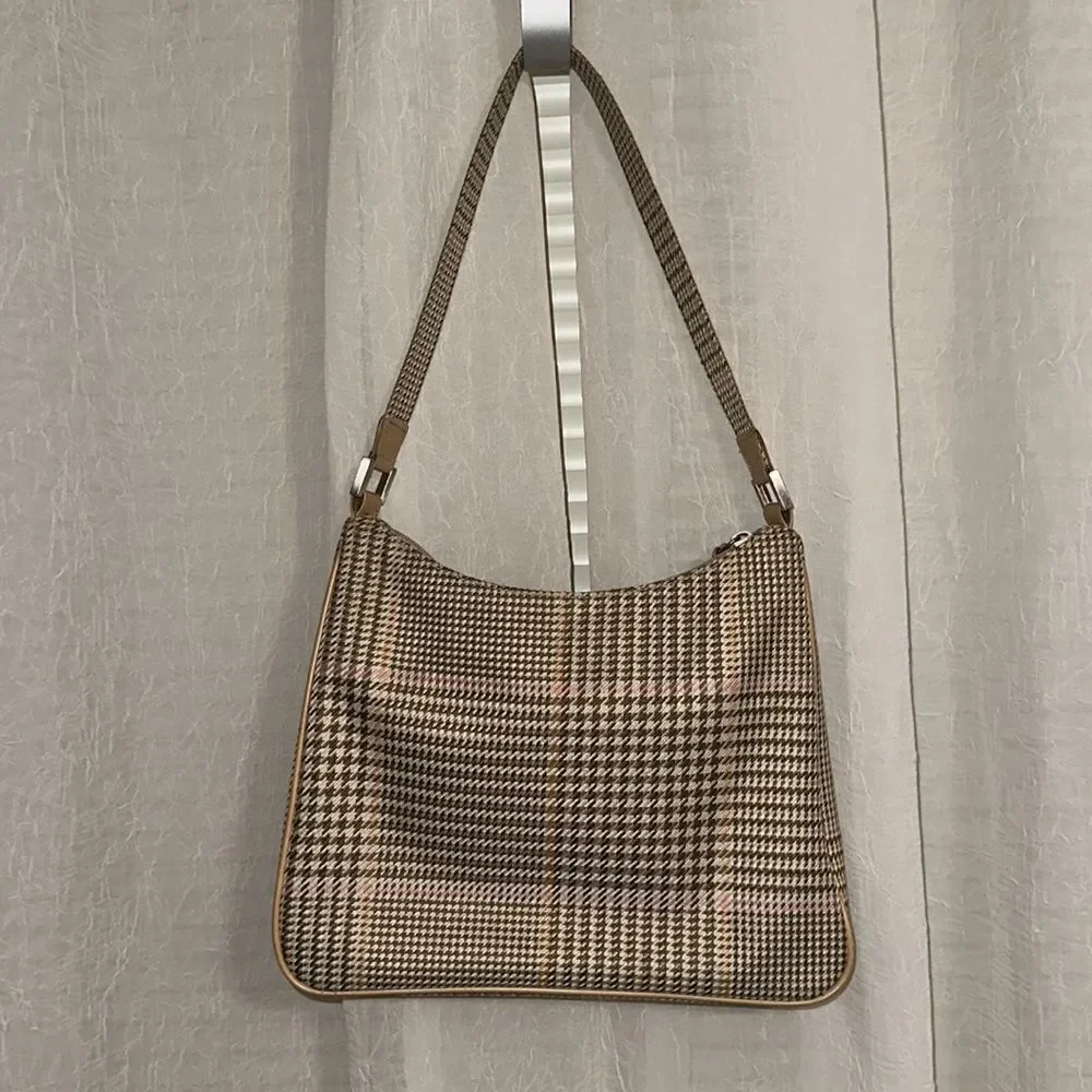 LRL Ivory Tan White Pink Gold Houndstooth Leather Silver Tone Hardware Hobo Bag